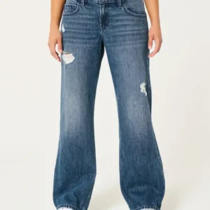 Low-Rise Ripped Dark Wash Baggy Jeans