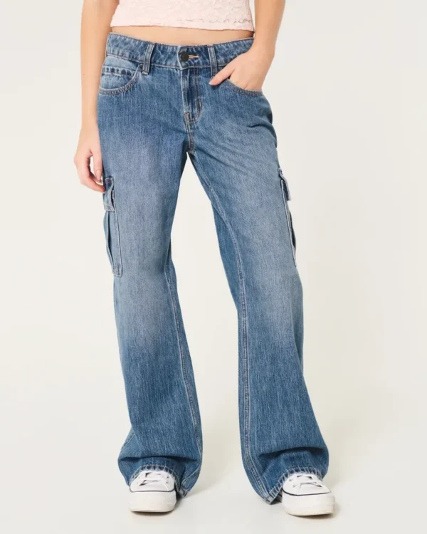 Low-Rise Medium Wash Cargo Baggy Jeans - Image 2