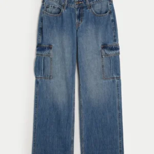 Low-Rise Medium Wash Cargo Baggy Jeans